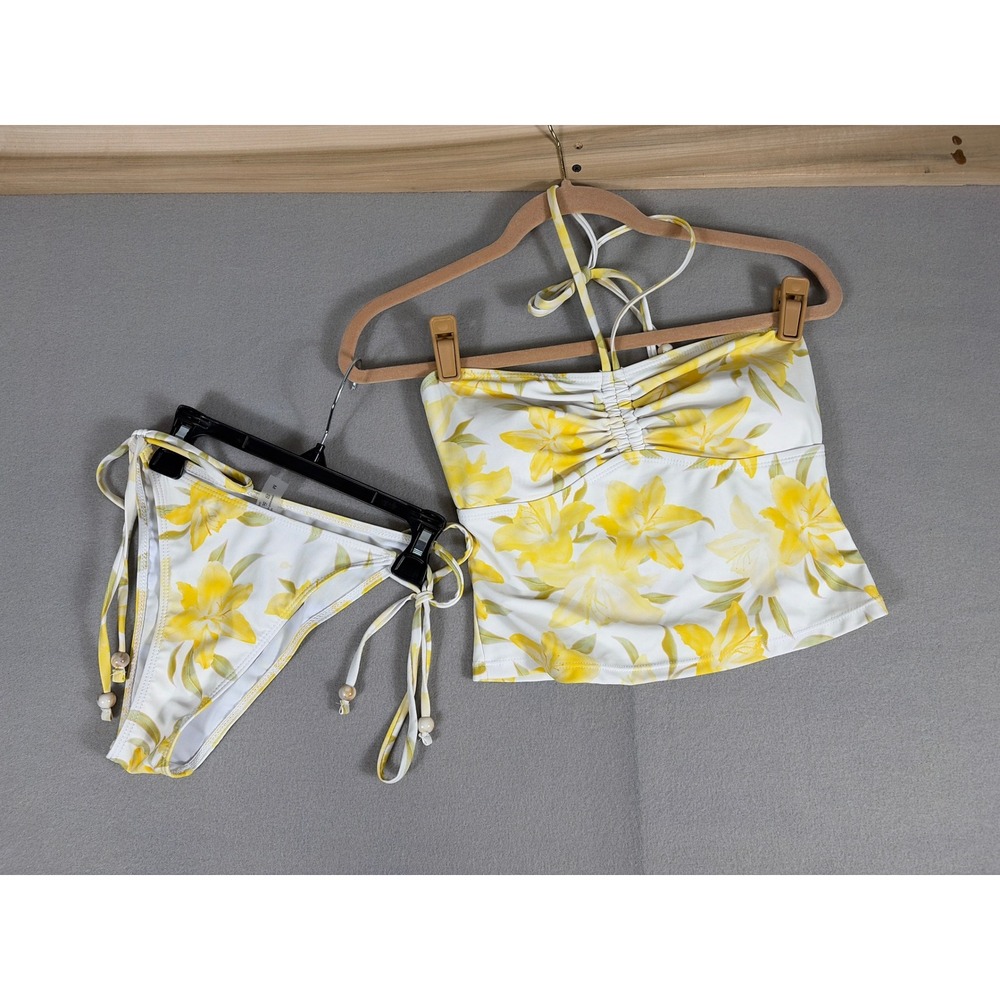 Yellow Lily Floral Halter Tankini Set with Side Tie Bikini Bottoms Size M